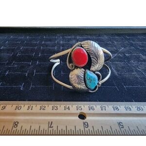 Vintage Old Pawn Native American Sterling Silver/Turquoise/Coral Cuff Bracelet